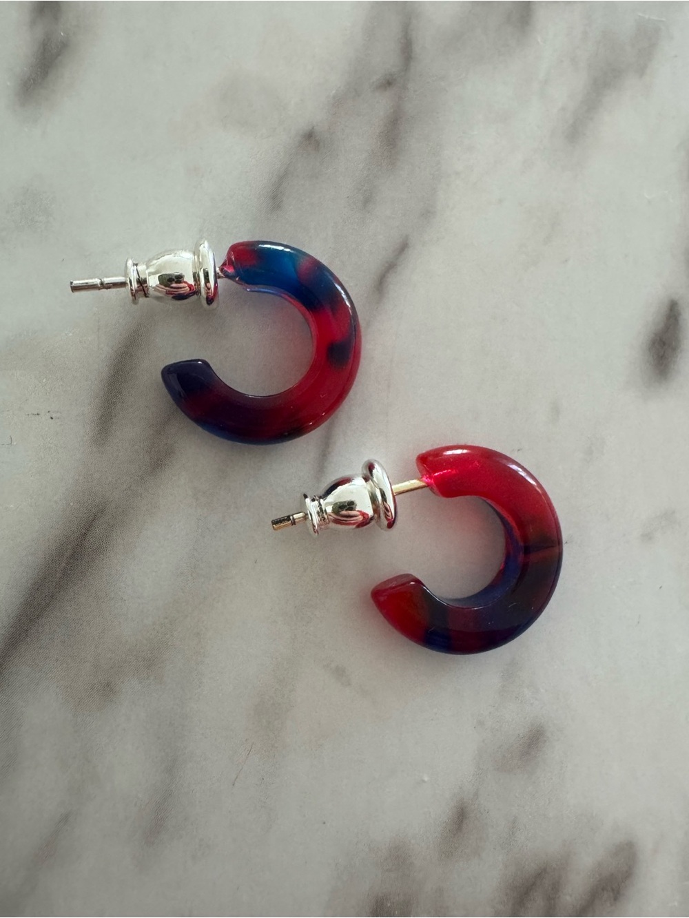 Red and Navy Marbled acetate Hoop Earrings